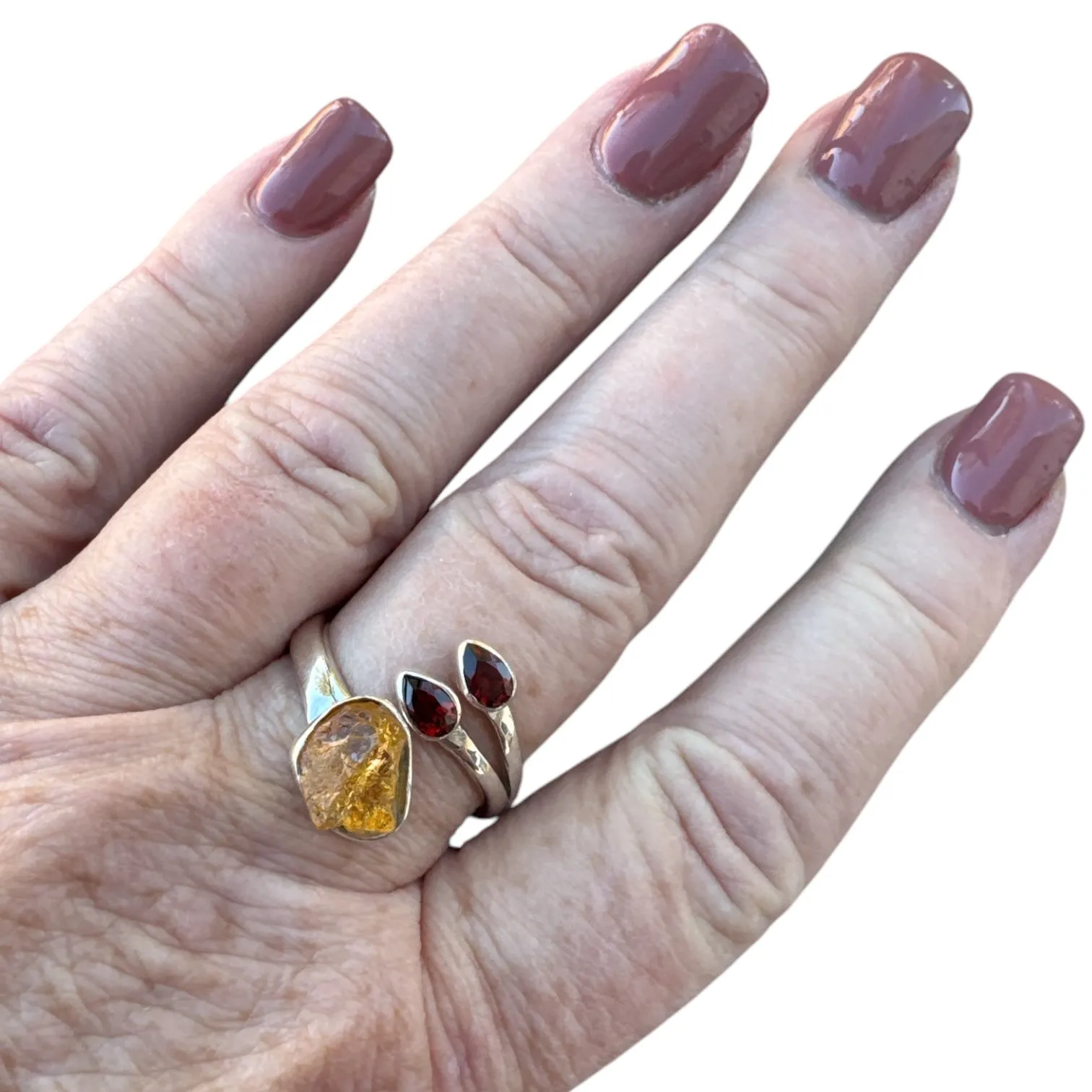 Rough Citrine & Garnet Solid 925 Sterling Silver Ring Adj