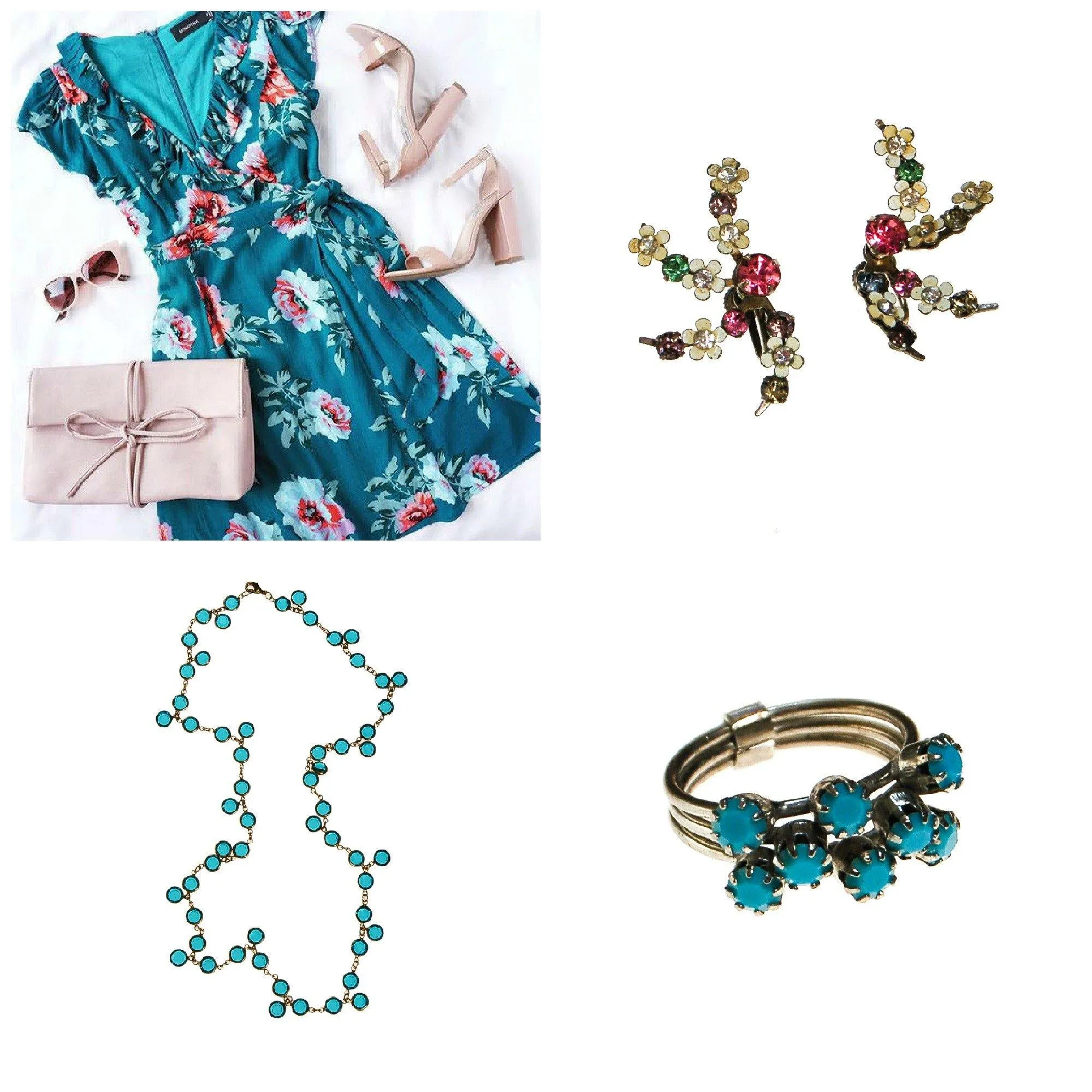 Silver Tone Turquoise Rhinestone Stacking Ring