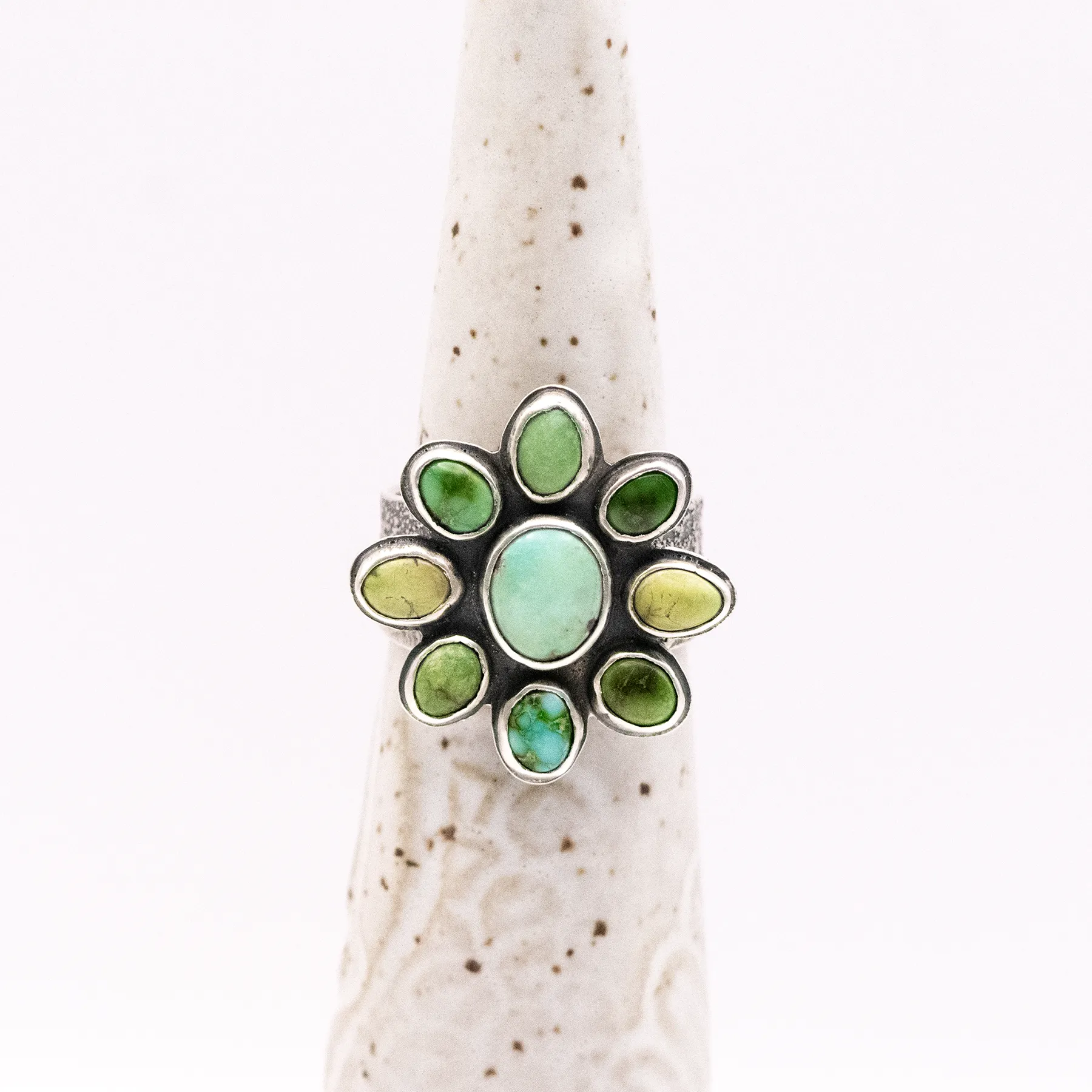 Soul Flower Sterling Silver Ring / Verde Valley & Sonoran Gold Turquoise  / U.S. Size 10 1/4