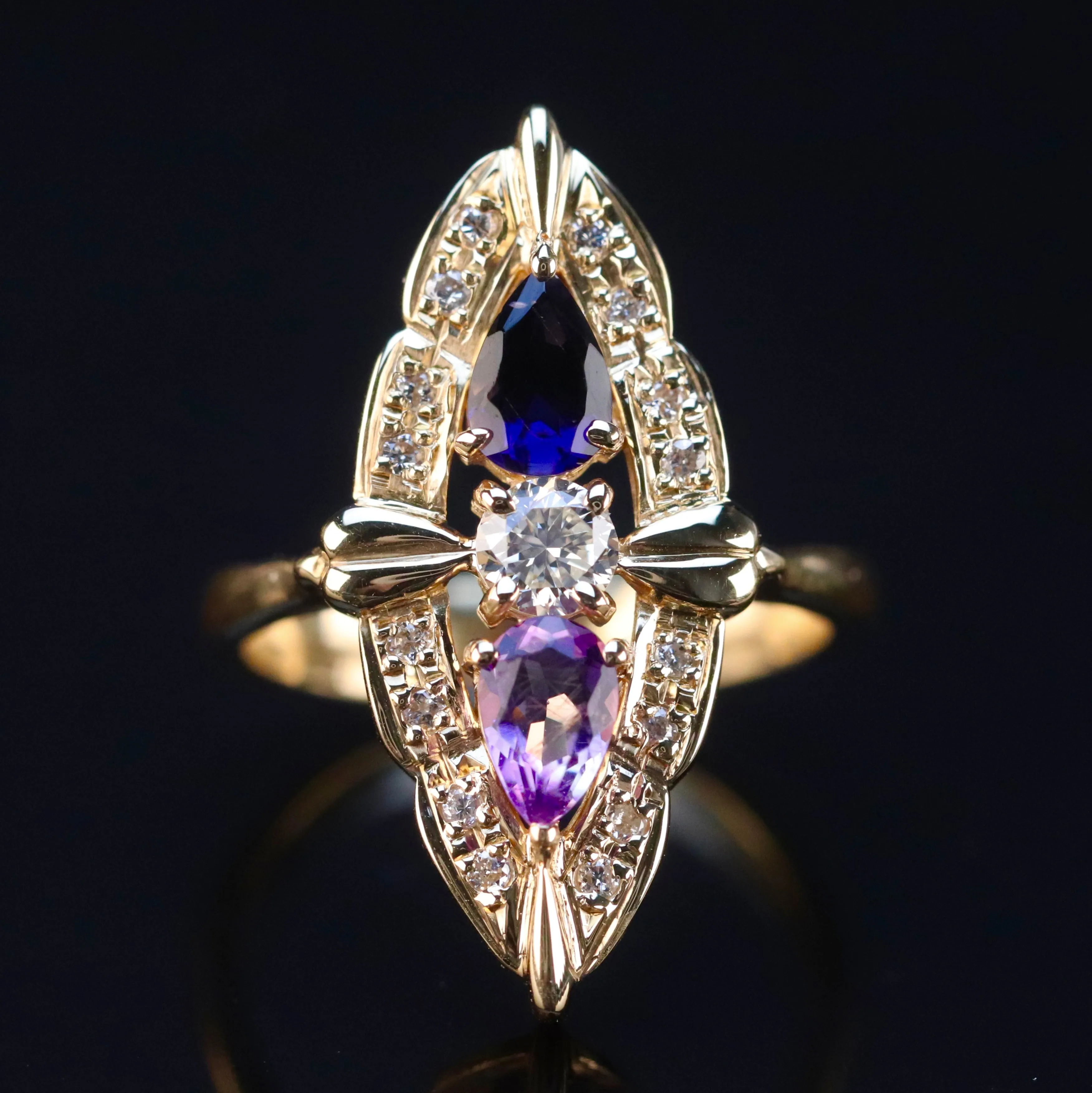 SPECIAL: 18k yellow gold multi gemstone navette ring