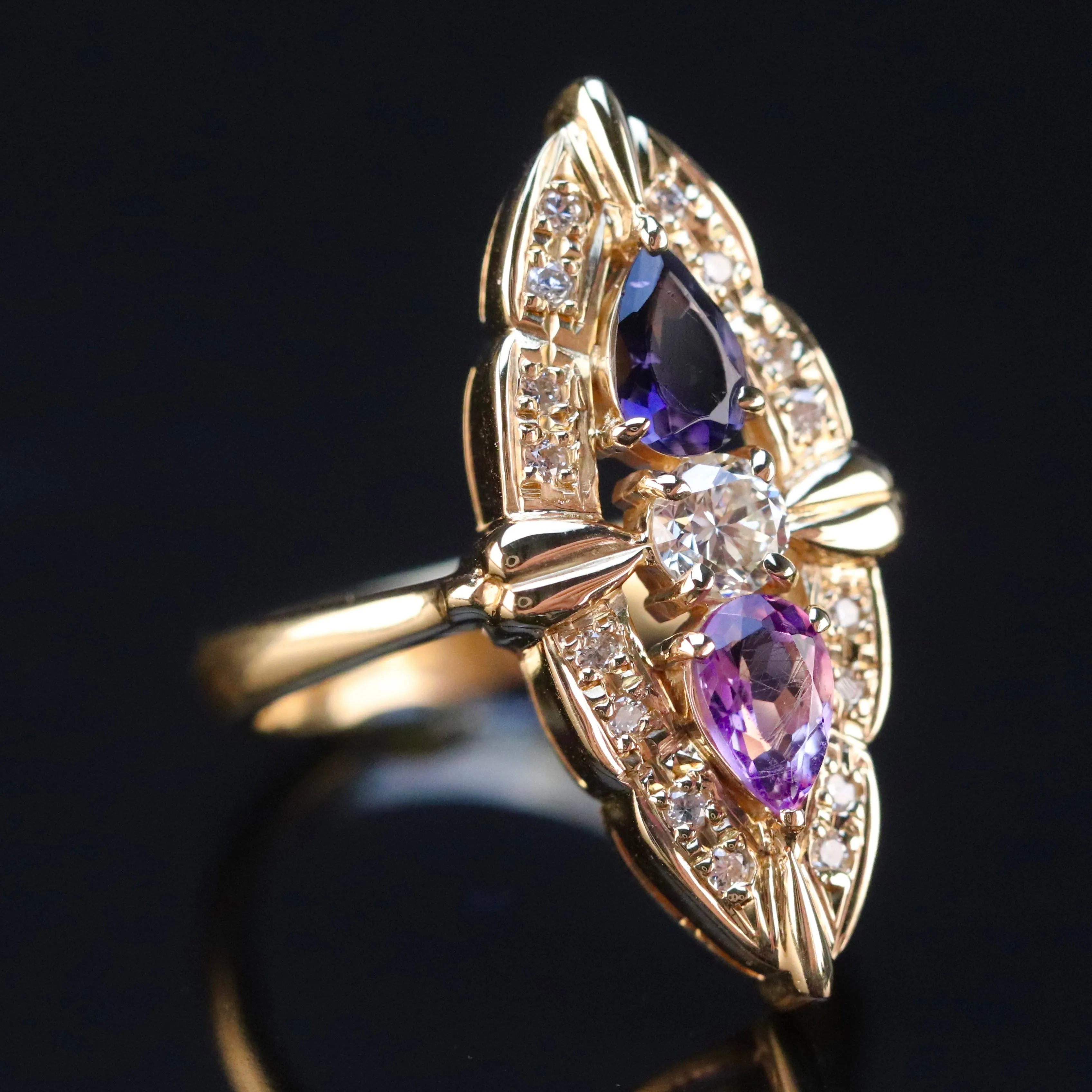 SPECIAL: 18k yellow gold multi gemstone navette ring