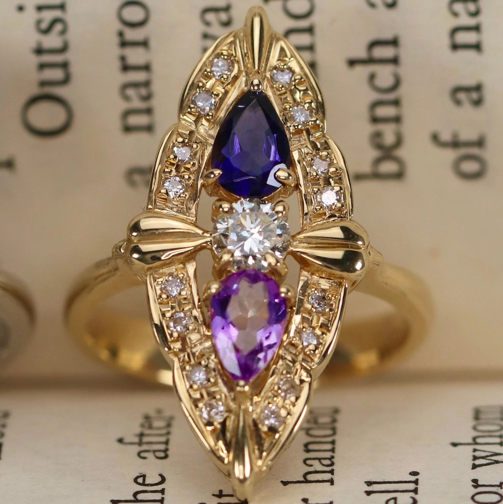 SPECIAL: 18k yellow gold multi gemstone navette ring