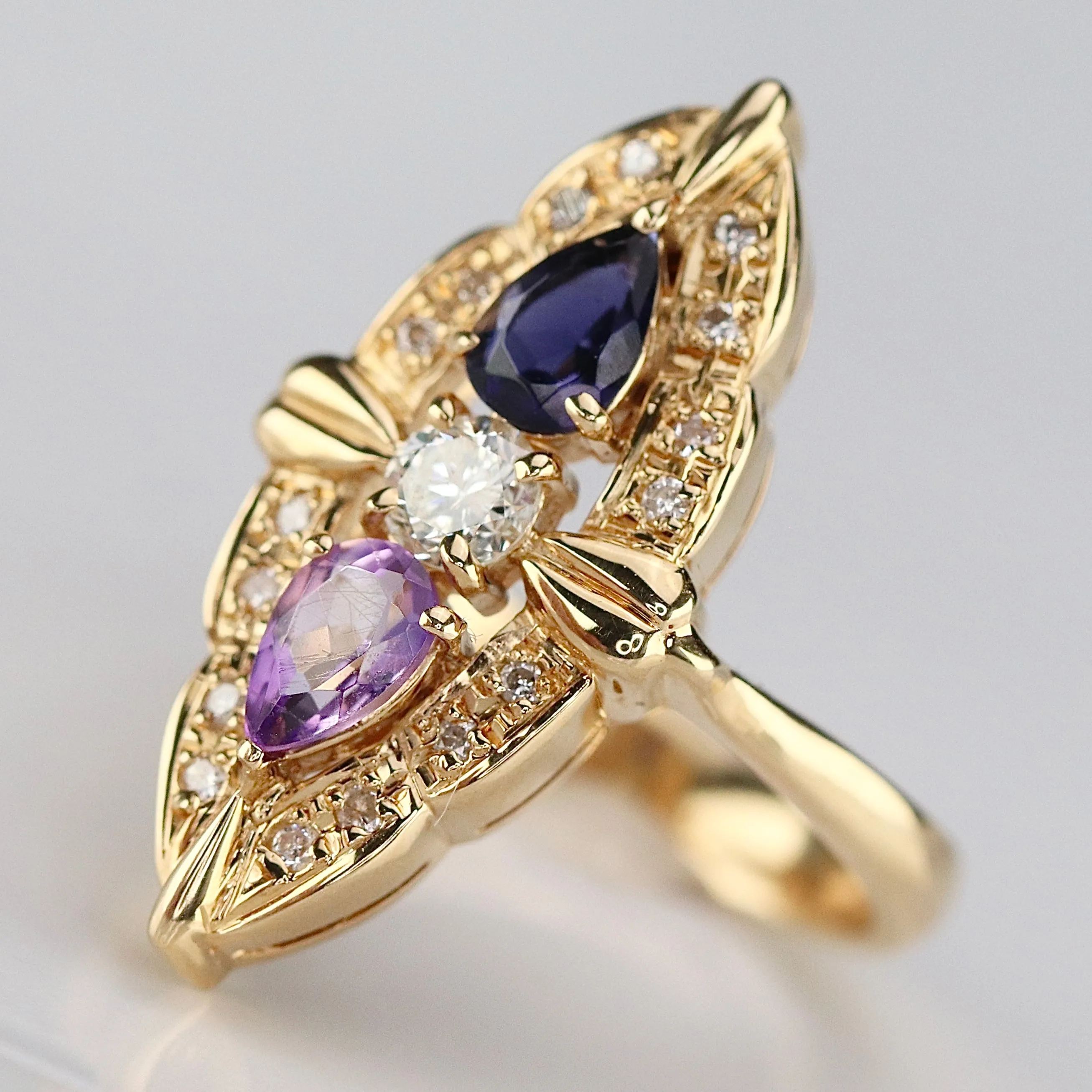 SPECIAL: 18k yellow gold multi gemstone navette ring