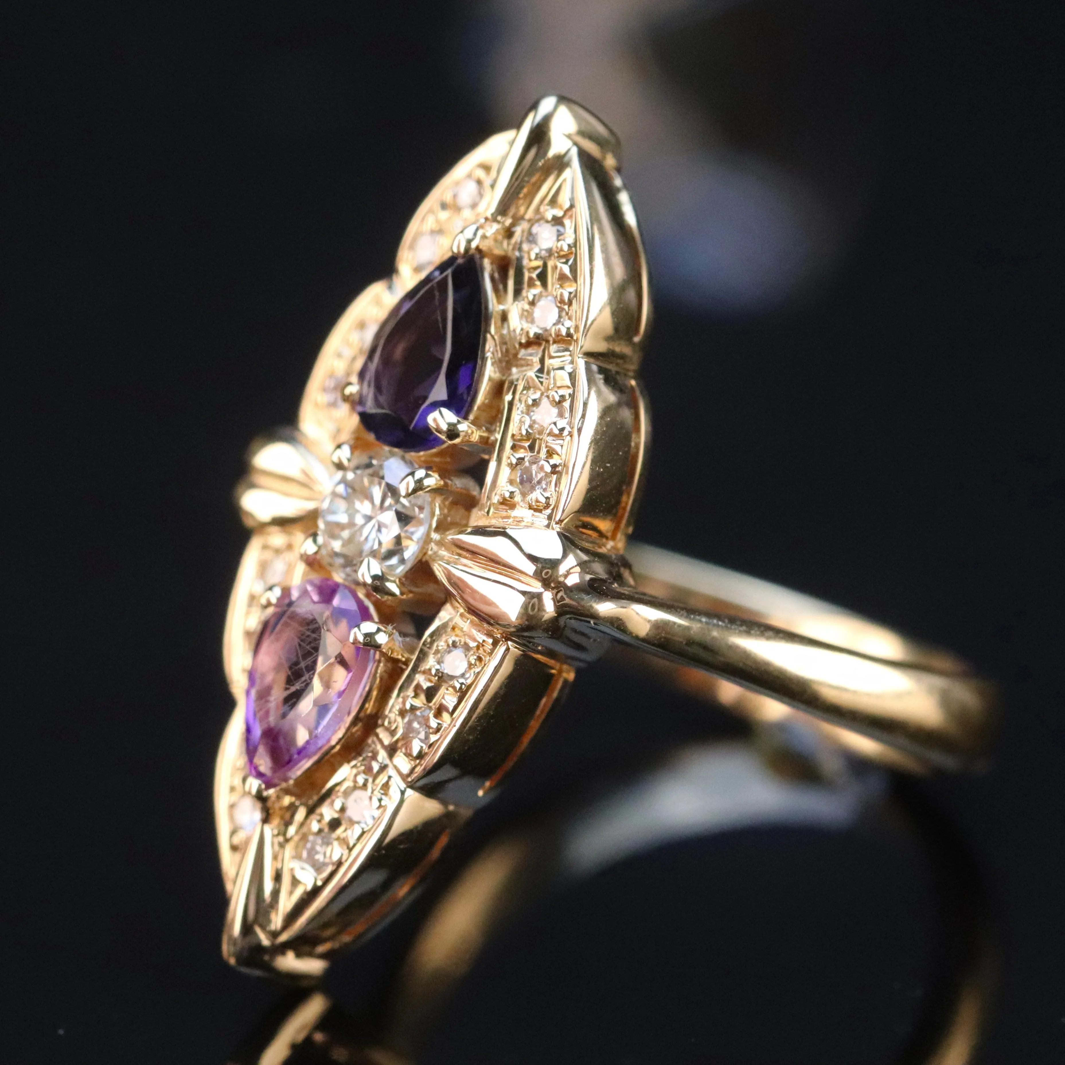 SPECIAL: 18k yellow gold multi gemstone navette ring