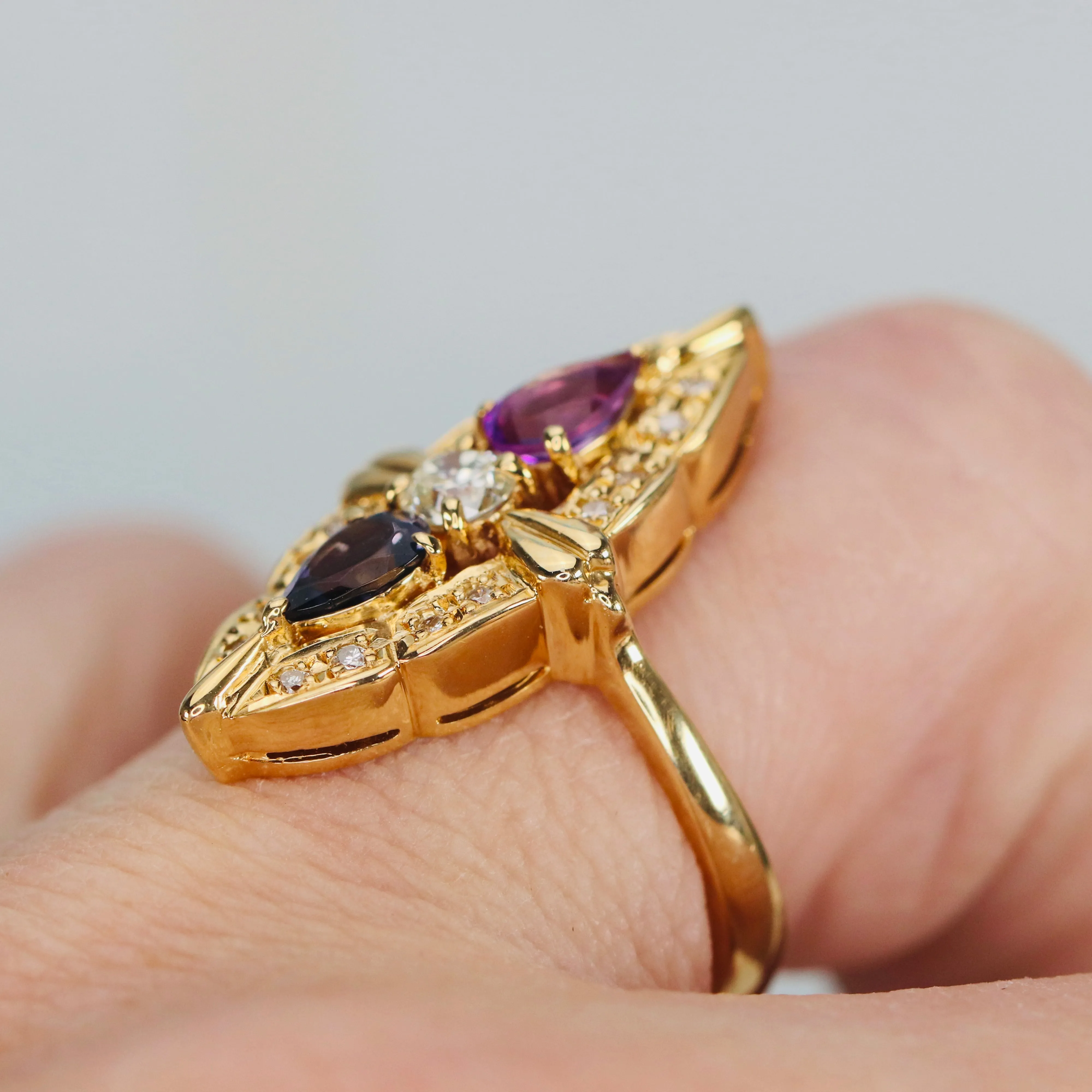 SPECIAL: 18k yellow gold multi gemstone navette ring