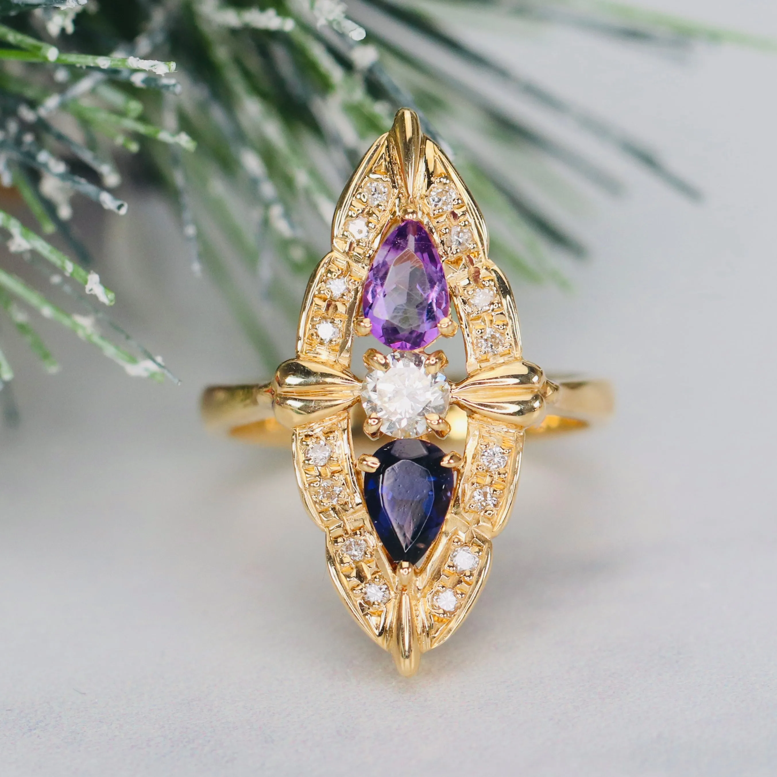 SPECIAL: 18k yellow gold multi gemstone navette ring