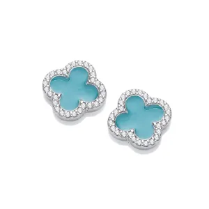 Sterling Silver & Turquoise Enamel Cubic Zirconia Single Clover Leaf Stud Earrings