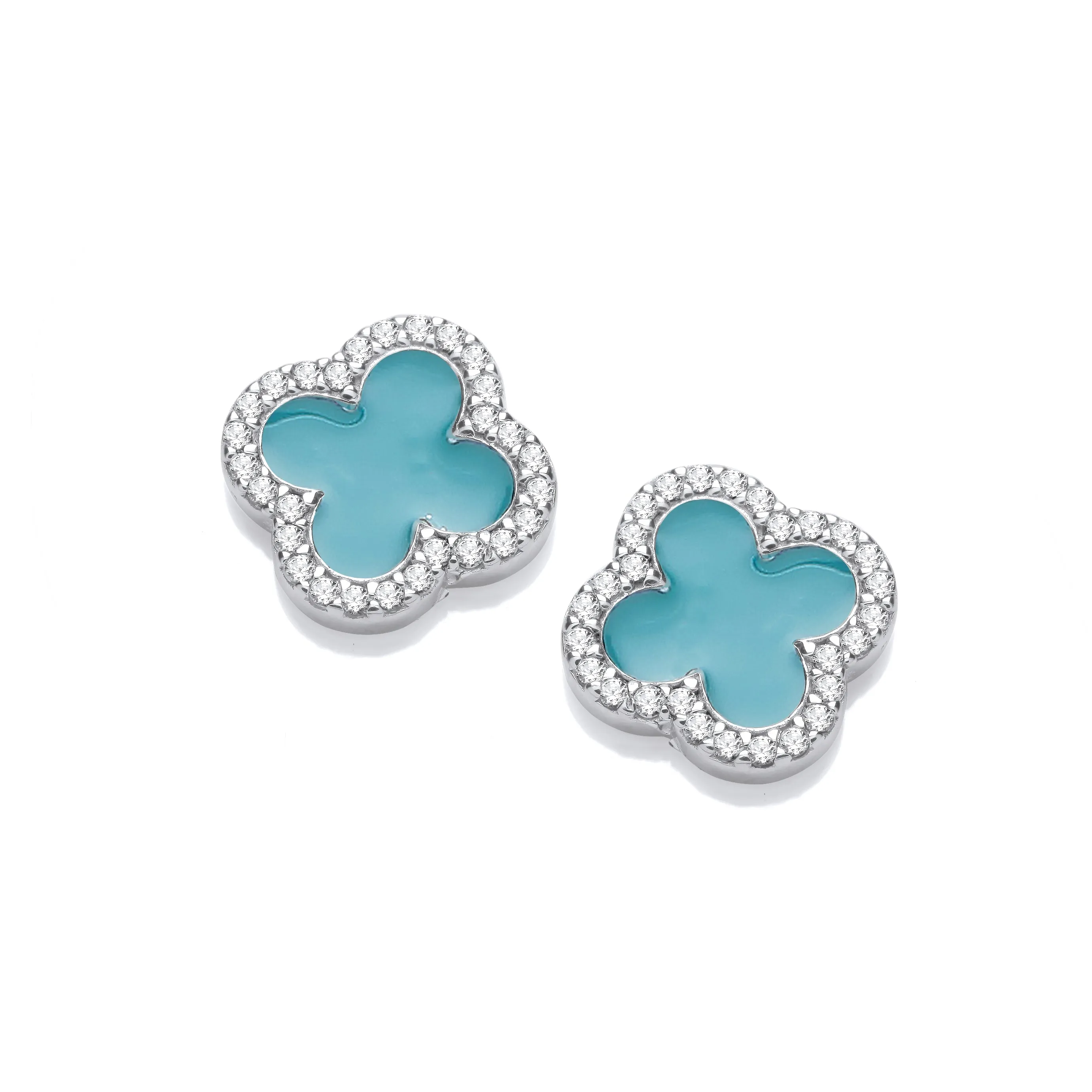 Sterling Silver & Turquoise Enamel Cubic Zirconia Single Clover Leaf Stud Earrings