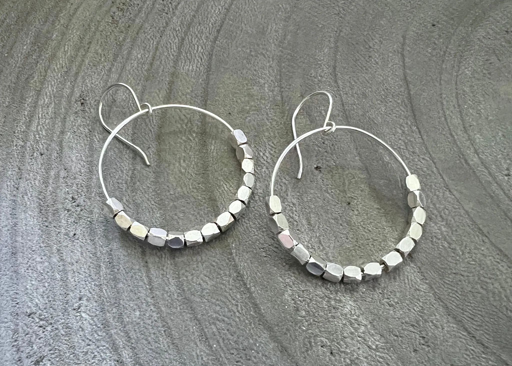 Sterling Silver Beaded Hoop Dangle Earrings