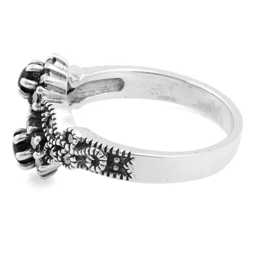 Sterling Silver Black Onyx Double Flower Marcasite Ring