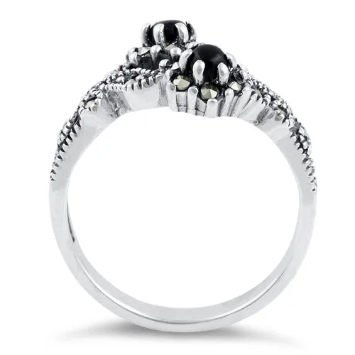 Sterling Silver Black Onyx Double Flower Marcasite Ring