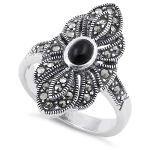 Sterling Silver Black Onyx Eye Marcasite Ring