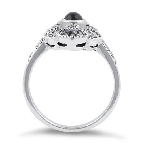 Sterling Silver Black Onyx Eye Marcasite Ring