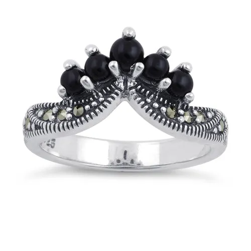 Sterling Silver Black Onyx Pointed V Marcasite Ring