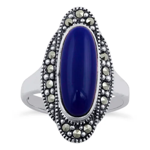 Sterling Silver Blue Lapis Oval Marcasite Ring