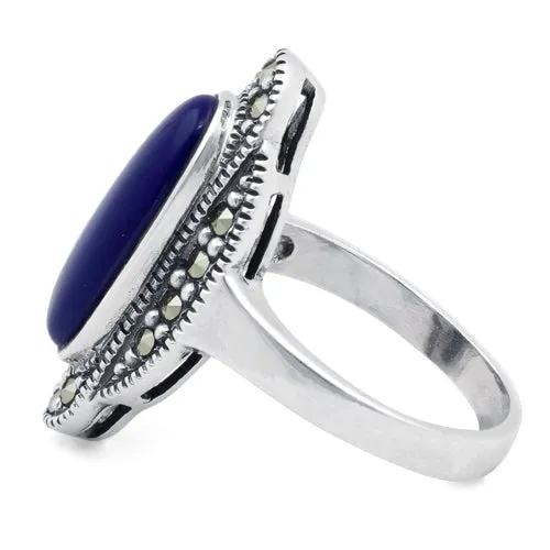 Sterling Silver Blue Lapis Oval Marcasite Ring