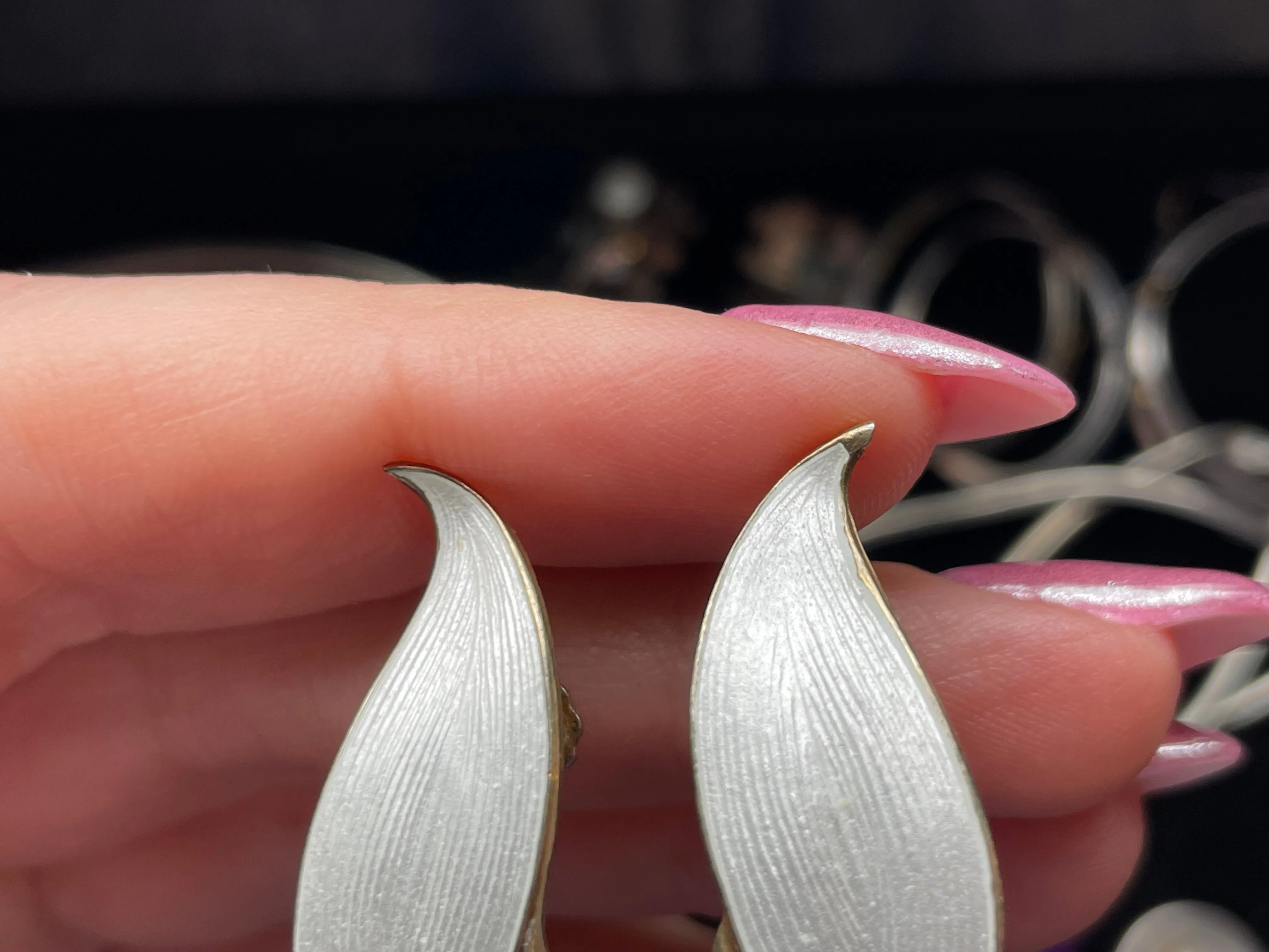 sterling silver gold plated Norway white enamel leaf screw-back earrings
