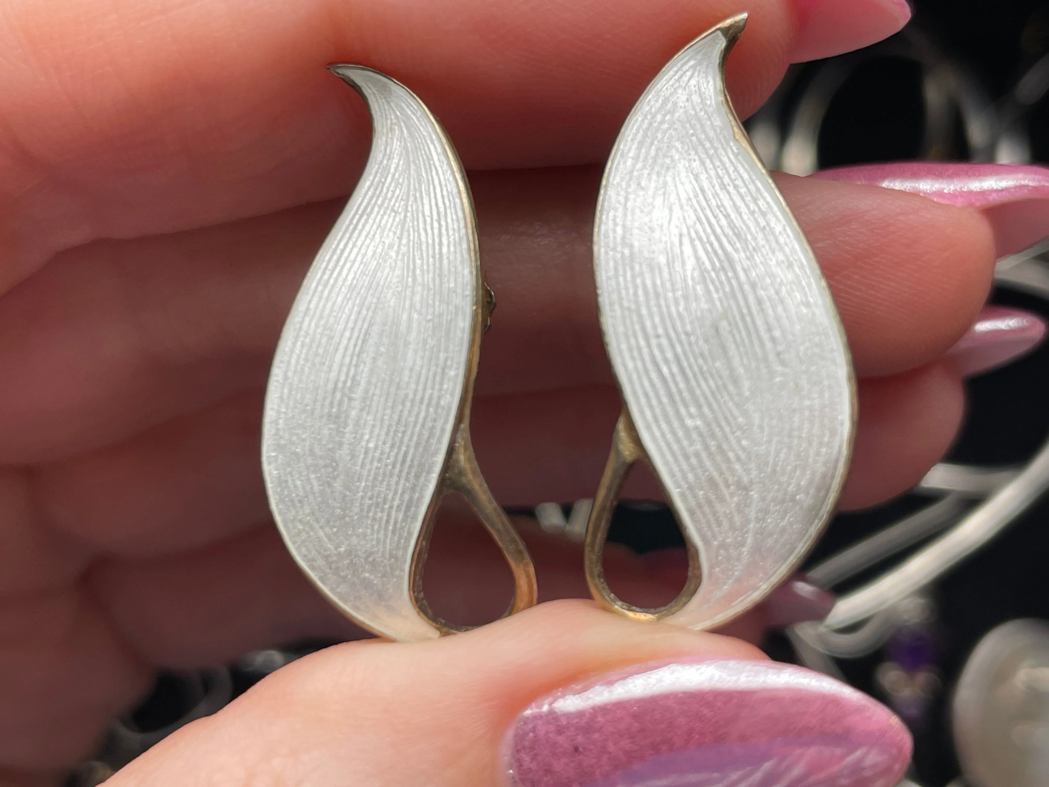 sterling silver gold plated Norway white enamel leaf screw-back earrings