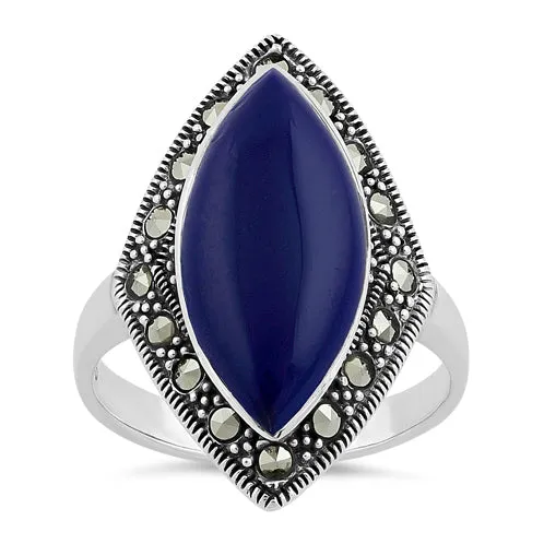 Sterling Silver Marquise Blue Lapis Marcasite Ring
