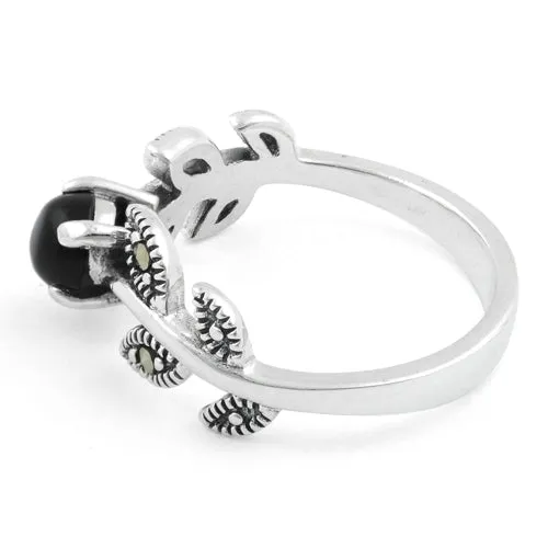 Sterling Silver Round Black Onyx Leaves Marcasite Ring