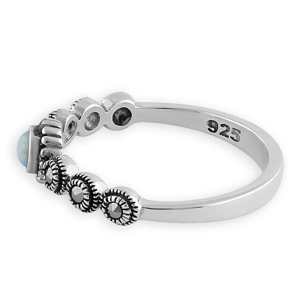 Sterling Silver Small Round Opal Marcasite Ring