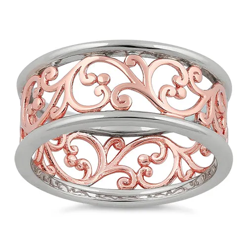 Sterling Silver Two Tone Rose Gold Plated Vines Band Ring