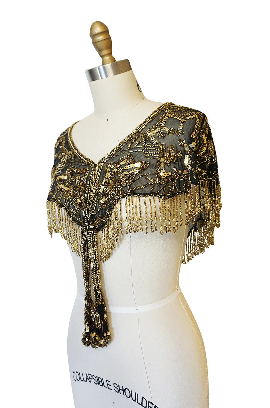 Stunning 1970s Gold Bead & Fringe on Chiffon Capelet