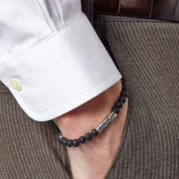 Tateossian Men's Disc Round Black Lava Beaded Bracelet with Silver Spacer Discs