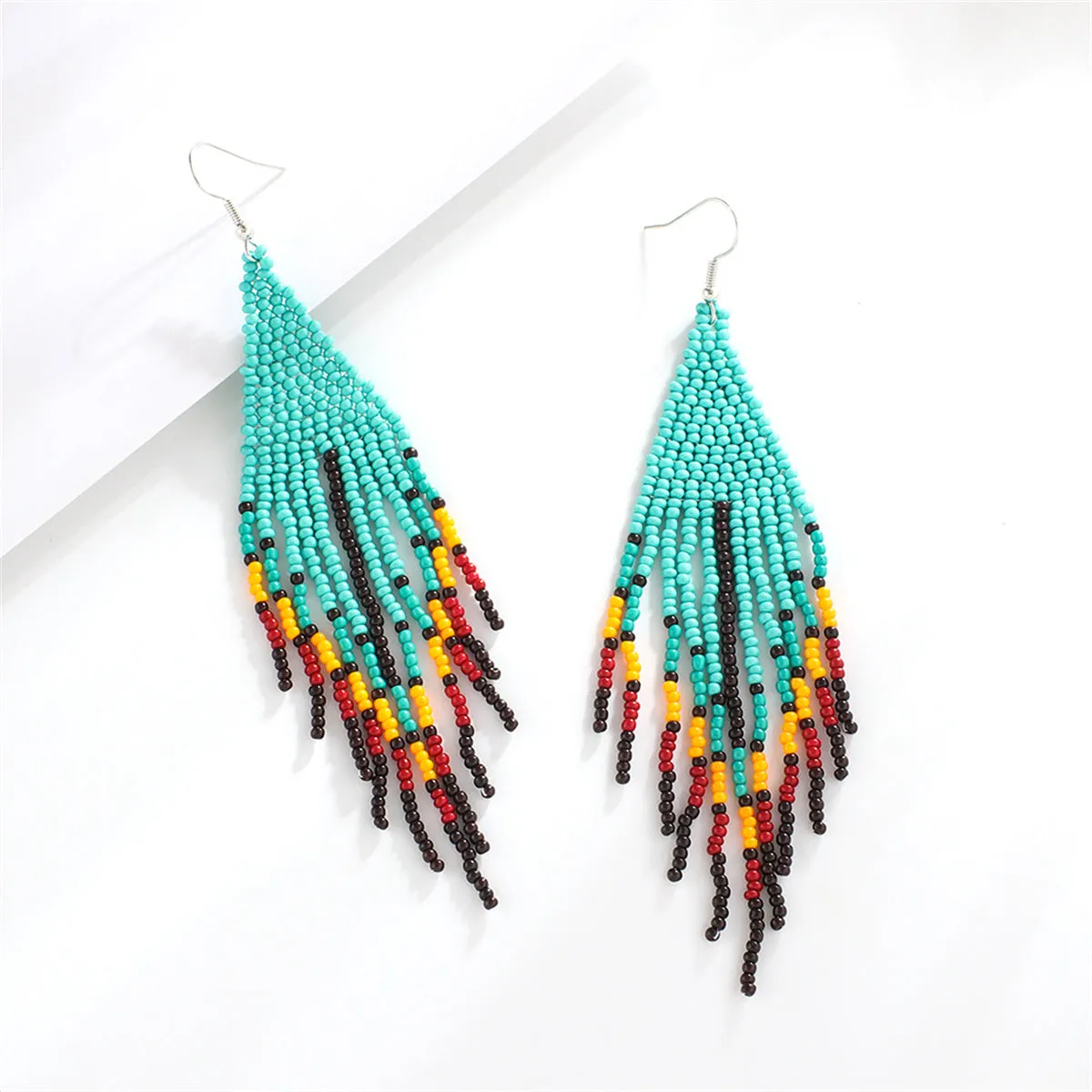 Teal & Red Howlite Geometric Tassel Drop Earrings