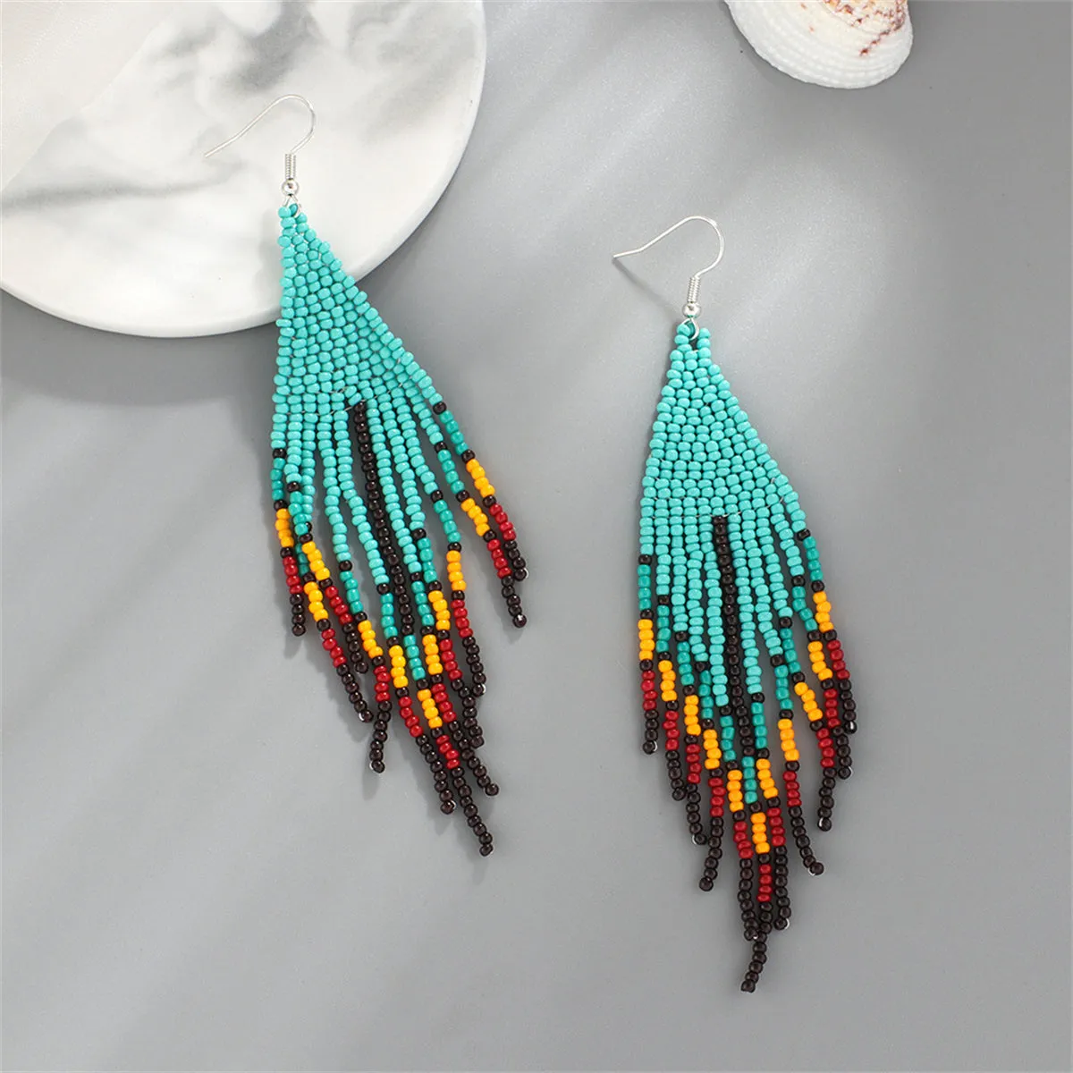 Teal & Red Howlite Geometric Tassel Drop Earrings