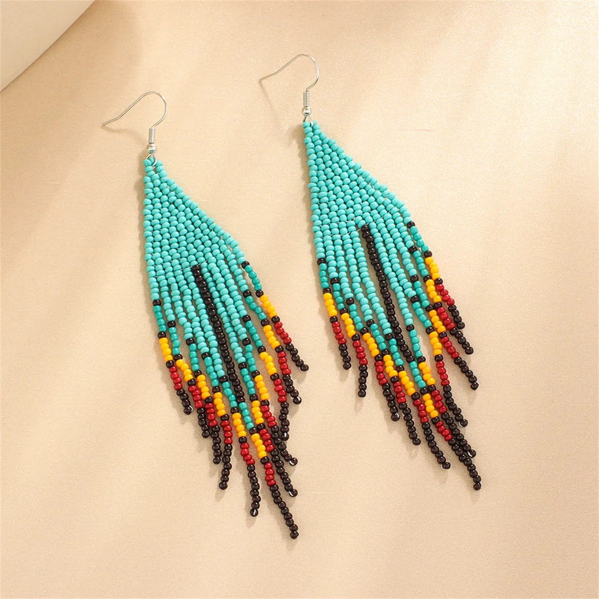 Teal & Red Howlite Geometric Tassel Drop Earrings