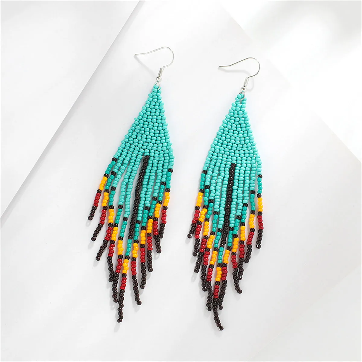 Teal & Red Howlite Geometric Tassel Drop Earrings