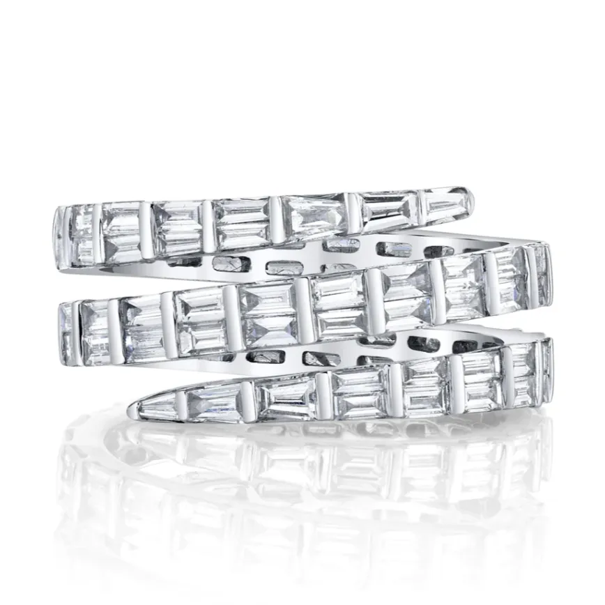 Three Row Baguette Diamond Coil Ring in White Gold