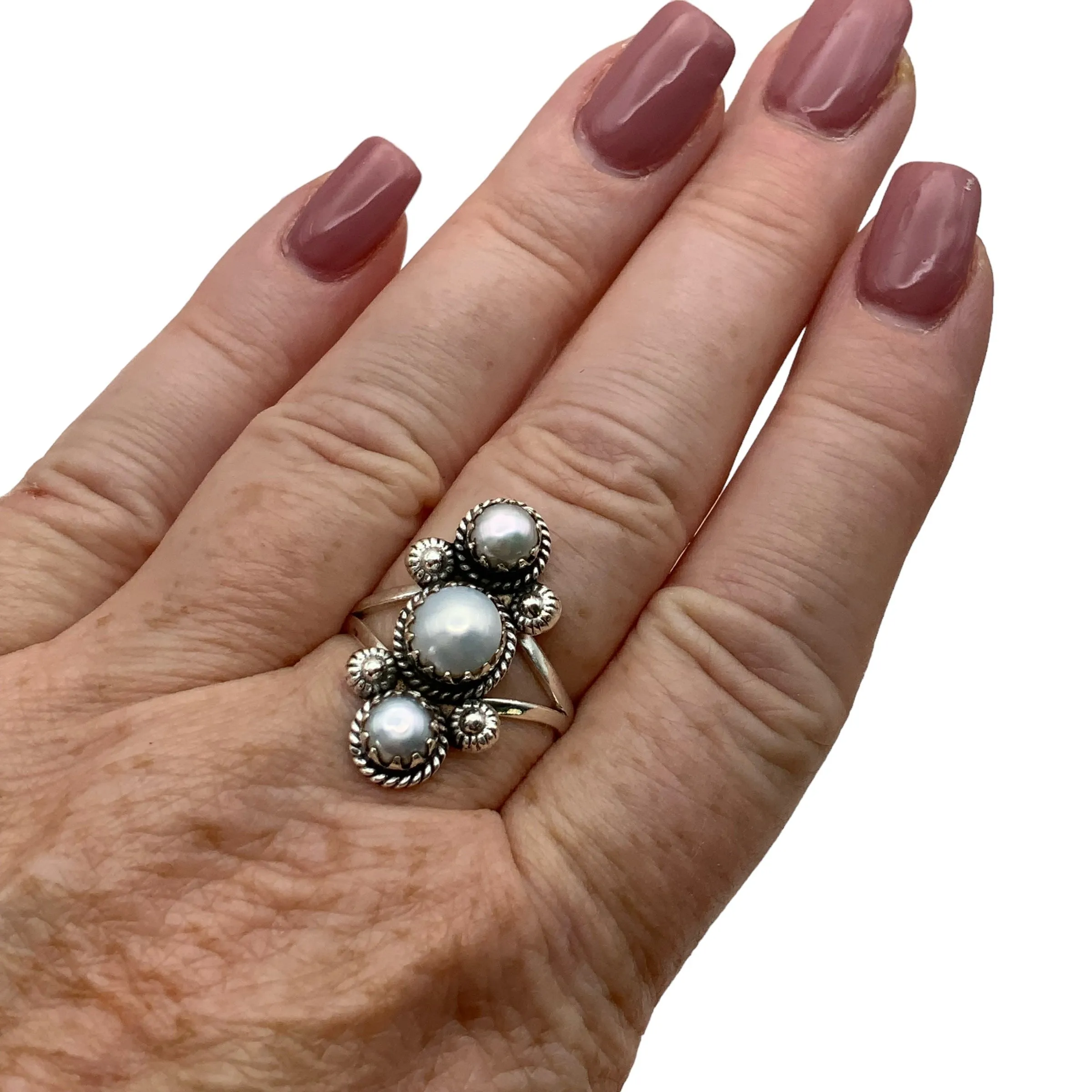 Triple Pearl Solid 925 Sterling Silver Ring 7.5