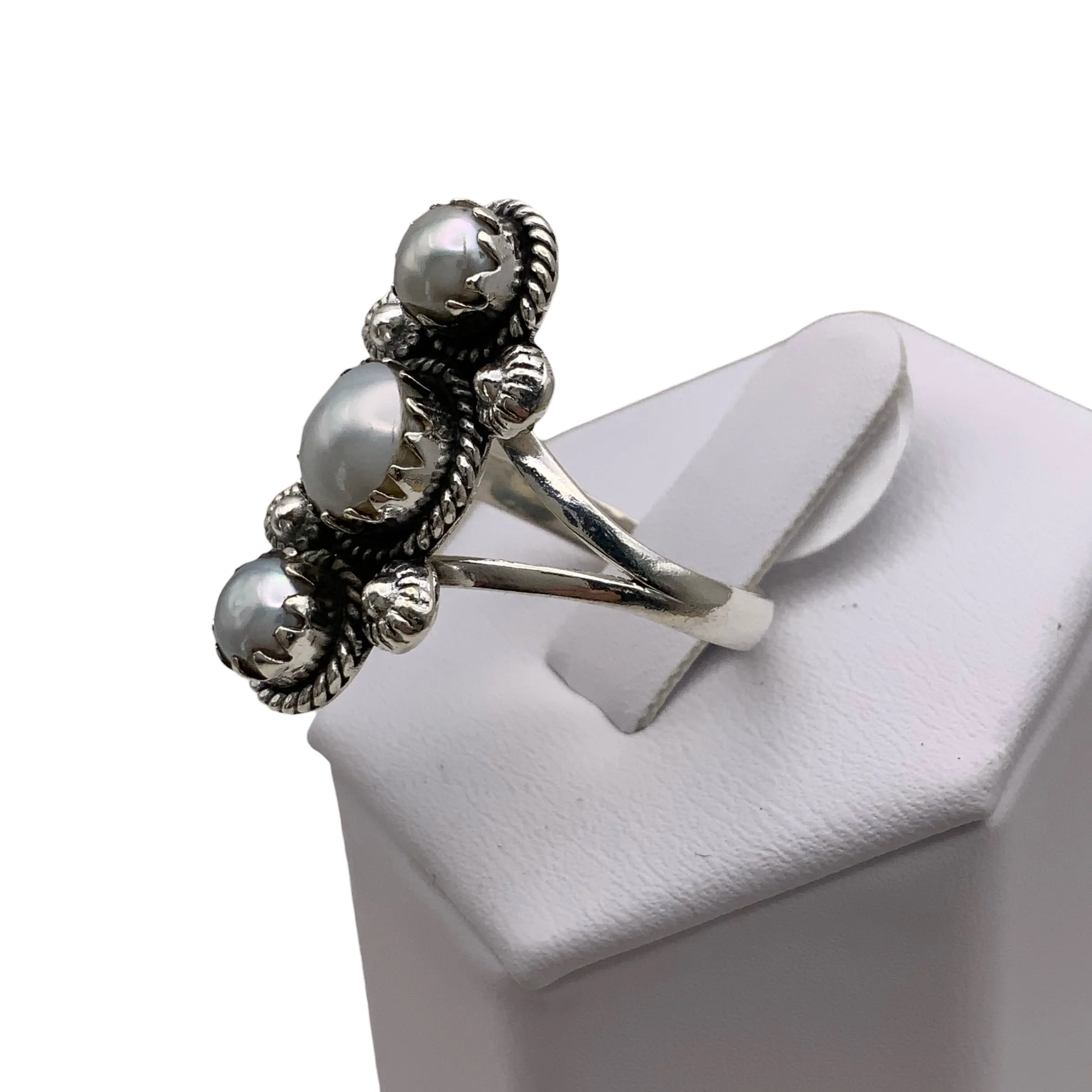 Triple Pearl Solid 925 Sterling Silver Ring 7.5