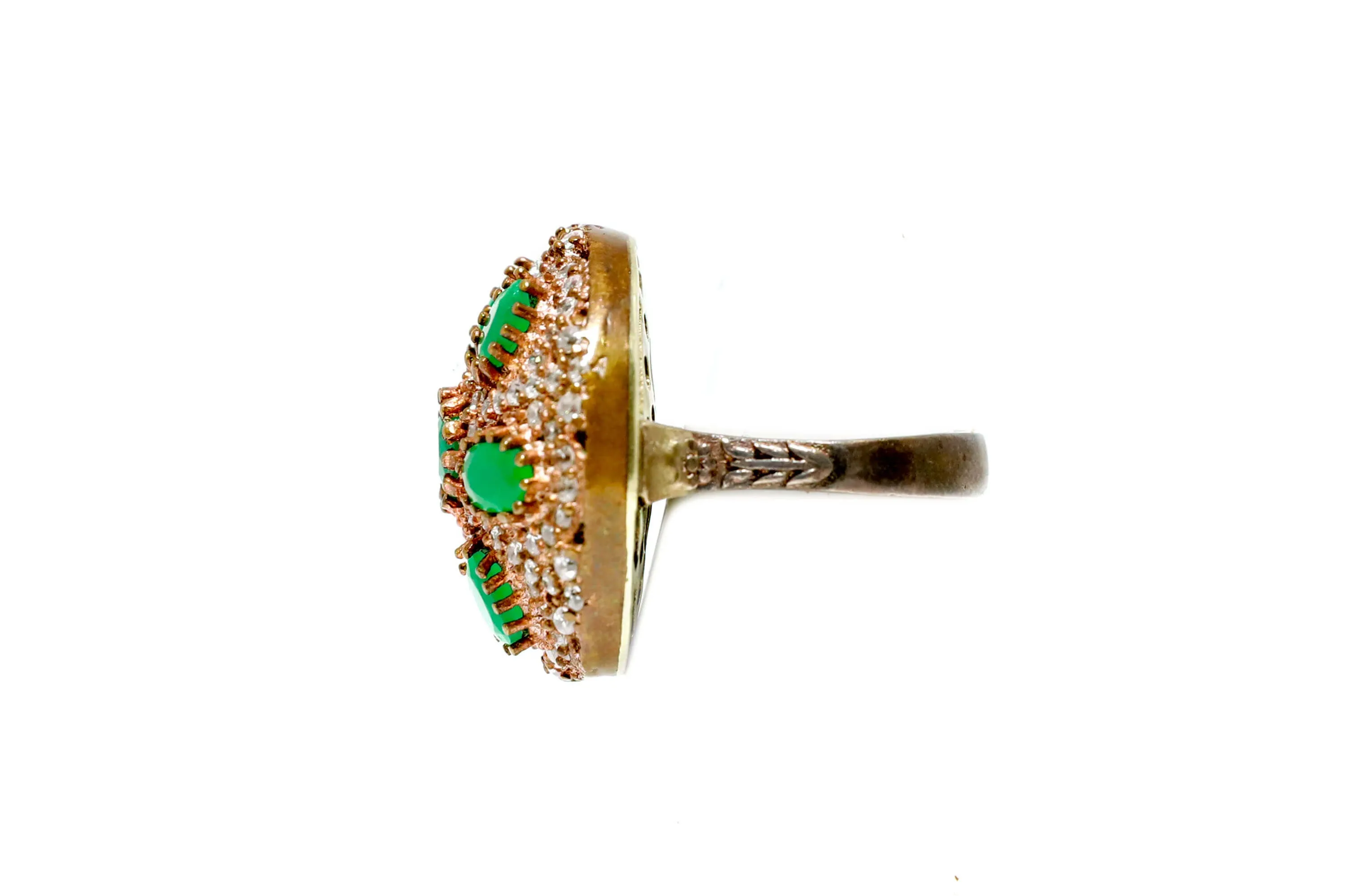 Turkish Silver Shield Ring With Green Stones