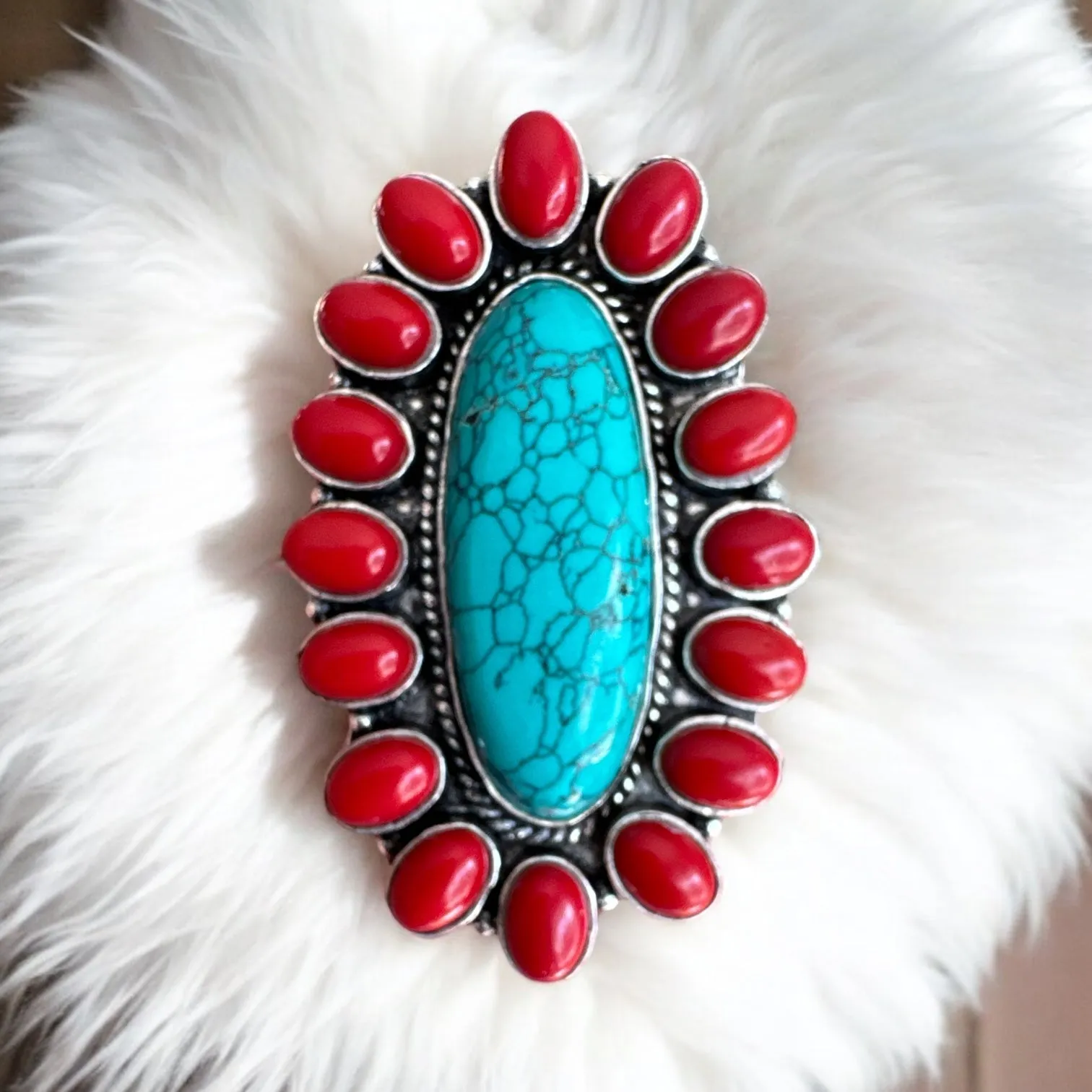 Turquoise & Red Coral Solid 925 Sterling Silver Ring 9.5