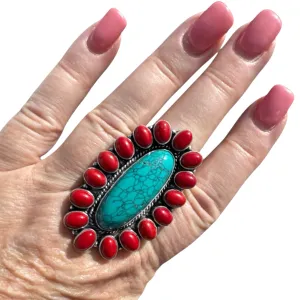Turquoise & Red Coral Solid 925 Sterling Silver Ring 9.5