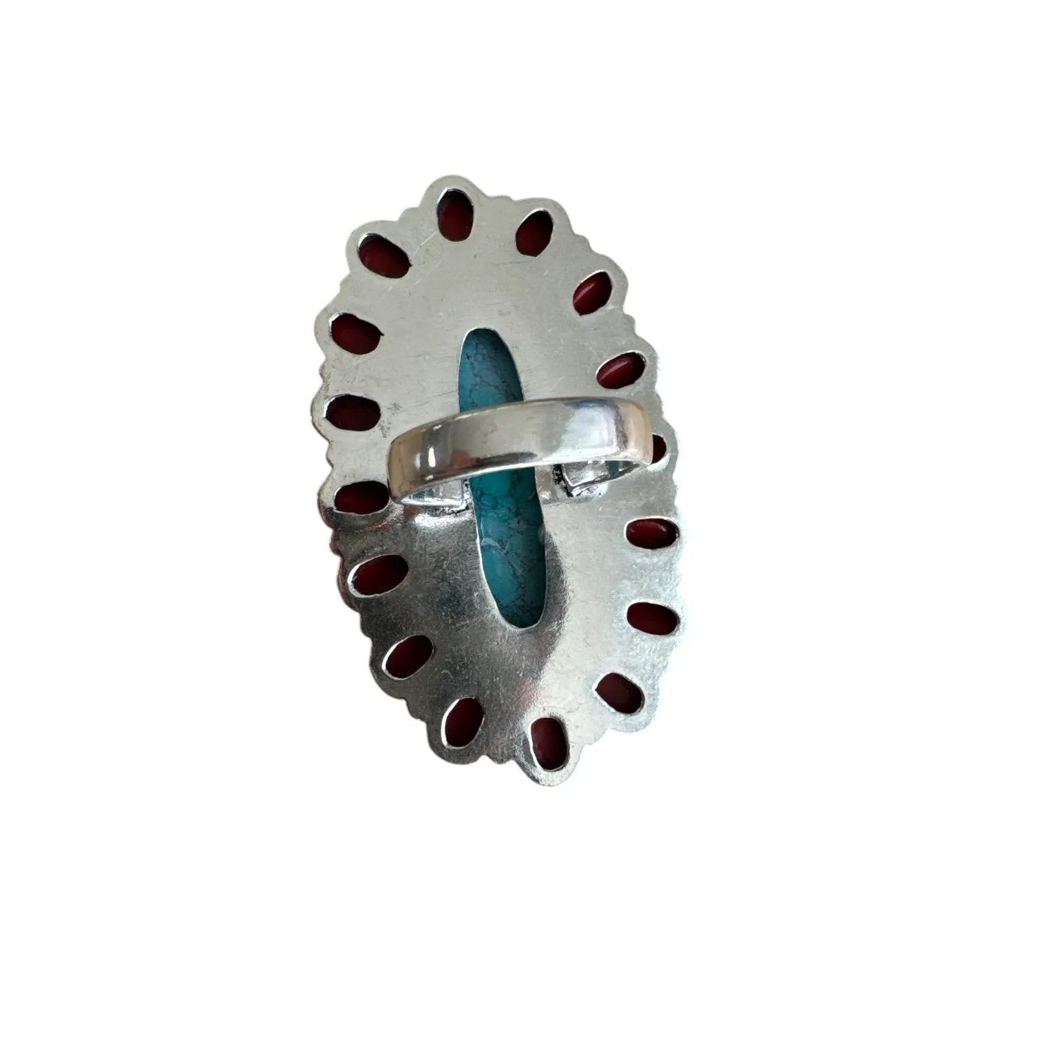 Turquoise & Red Coral Solid 925 Sterling Silver Ring 9.5