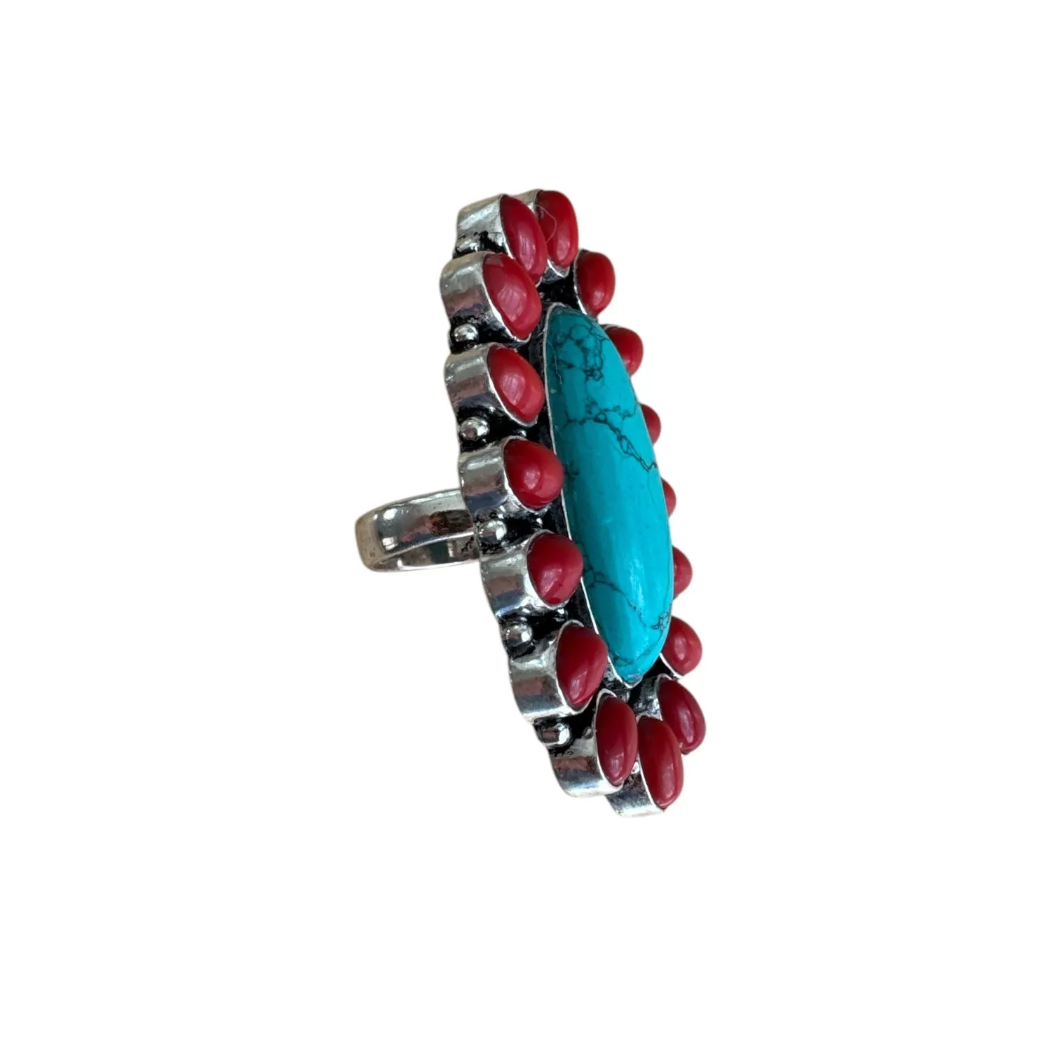 Turquoise & Red Coral Solid 925 Sterling Silver Ring 9.5