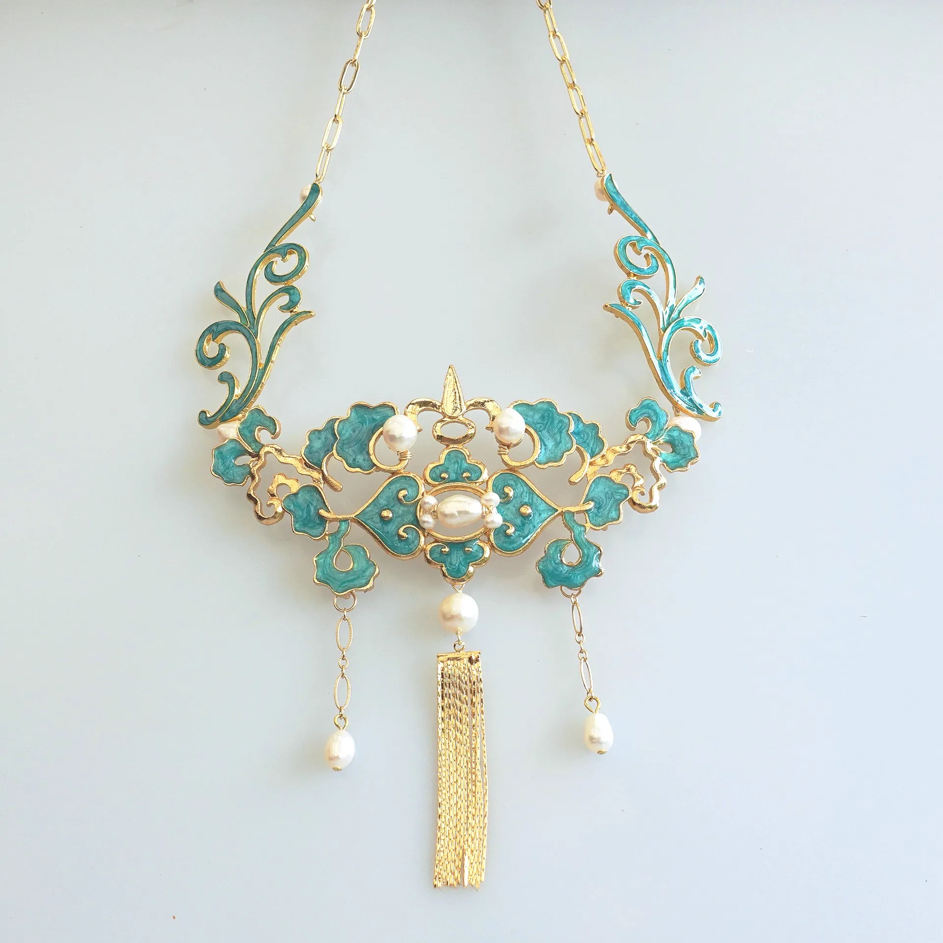 Turquoise Enamel Tassel Necklace
