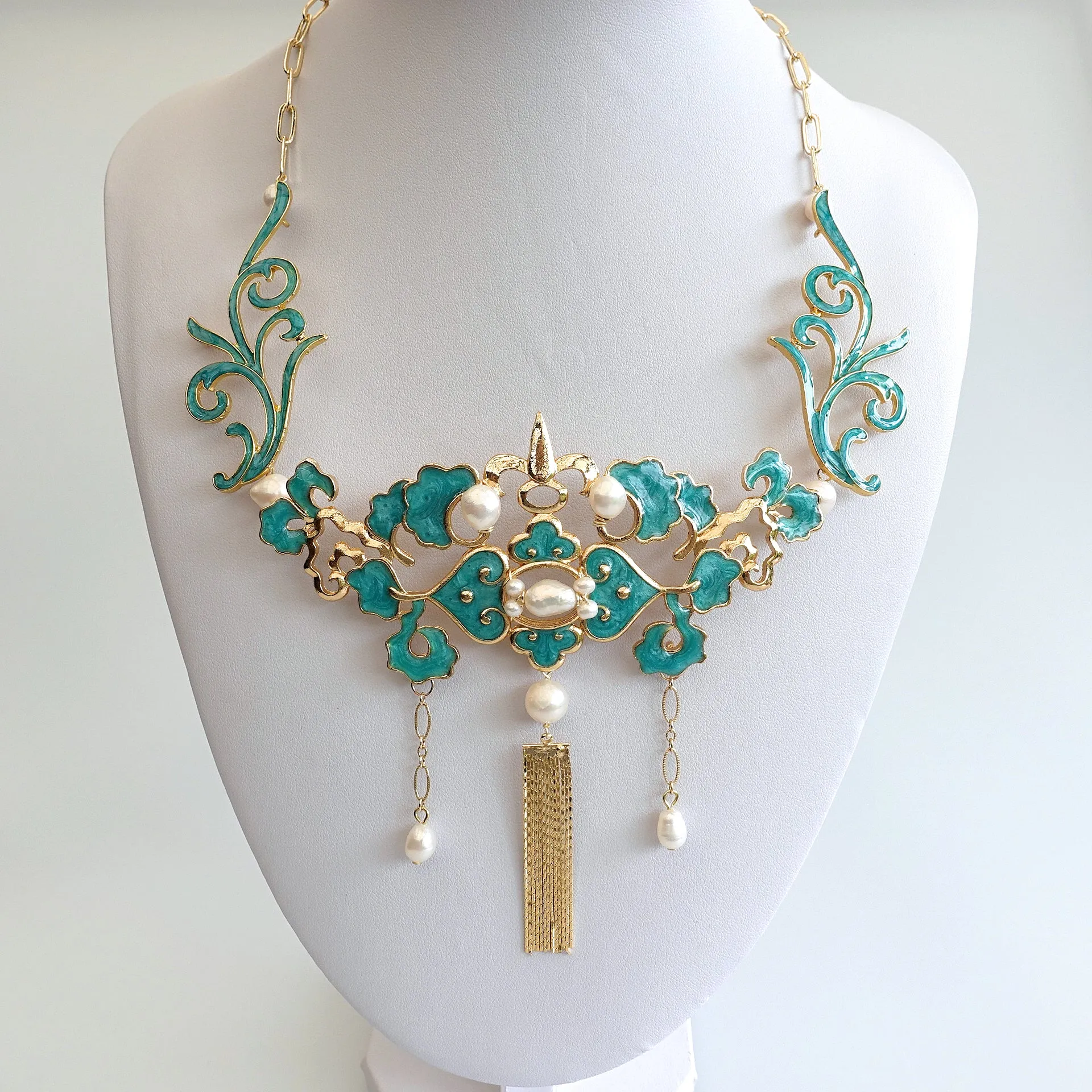 Turquoise Enamel Tassel Necklace