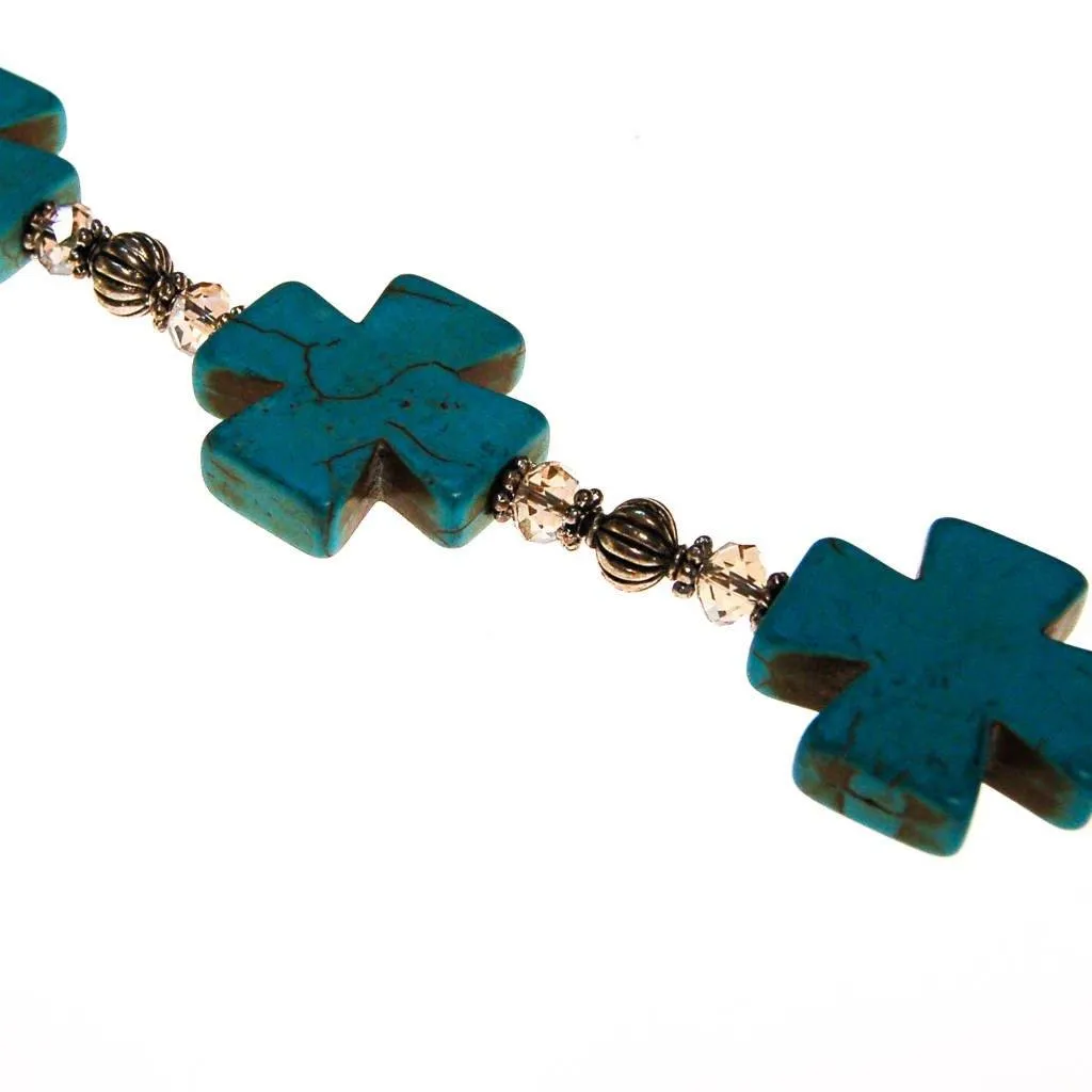 Turquoise Howlite Cross, Crystal and Silver Bead Bracelet