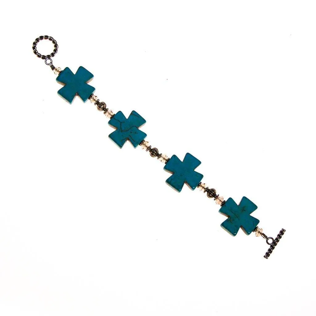 Turquoise Howlite Cross, Crystal and Silver Bead Bracelet