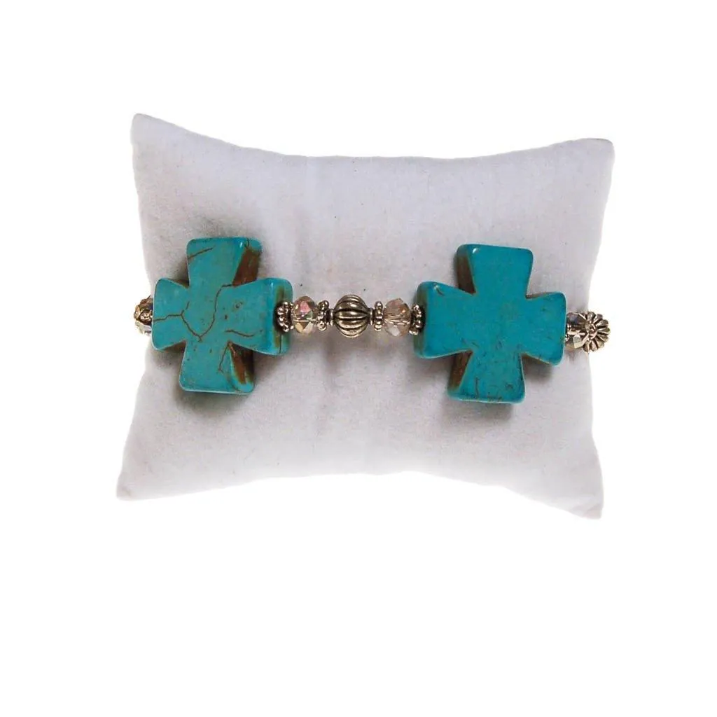 Turquoise Howlite Cross, Crystal and Silver Bead Bracelet