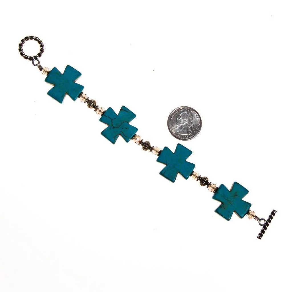 Turquoise Howlite Cross, Crystal and Silver Bead Bracelet