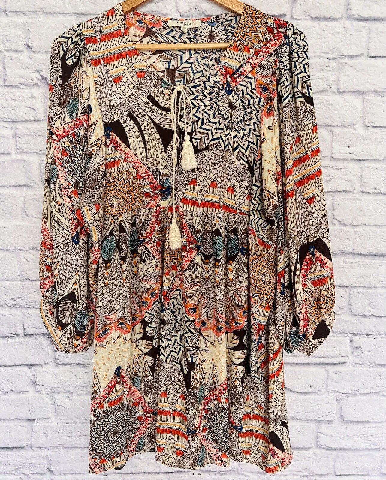 UMGEE Womens Tunic Top Dress Sz Small Brown Flowy Tribal Western Boho