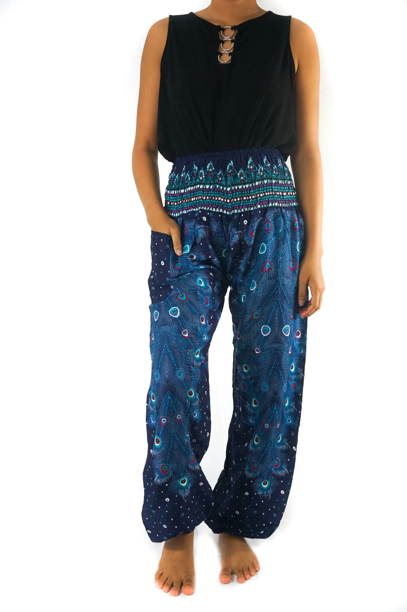 Unisex Bohemian Peacock Feather Motif Harem Pants- Blue