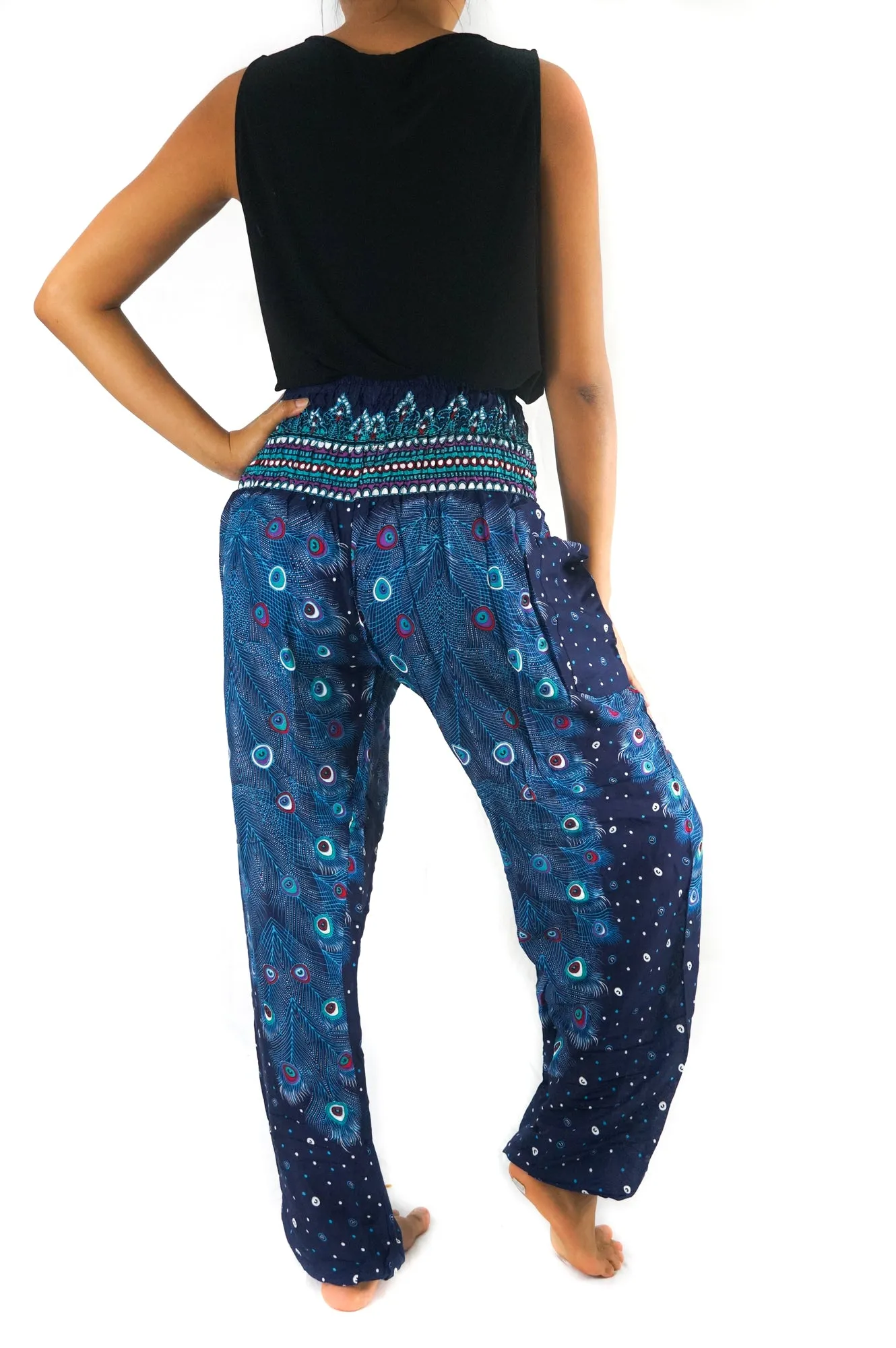 Unisex Bohemian Peacock Feather Motif Harem Pants- Blue