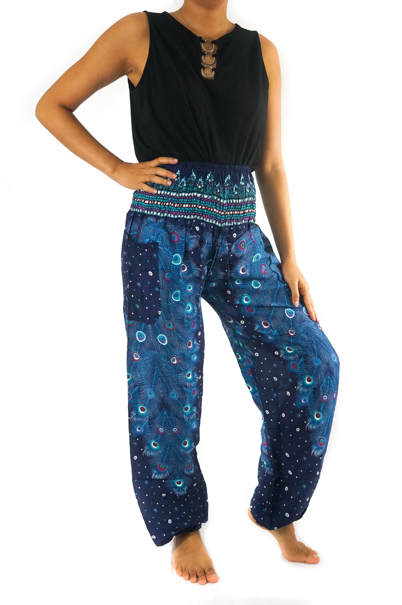 Unisex Bohemian Peacock Feather Motif Harem Pants- Blue